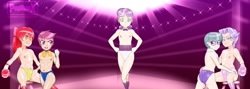 Size: 1280x457 | Tagged: questionable, artist:pugilismx, apple bloom, diamond tiara, scootaloo, silver spoon, sweetie belle, banned from derpibooru, boxing, boxing gloves, boxing ring, breasts, clothes, delicious flat chest, female, human, humanized, imported from twibooru, lolicon, partial nudity, sports, sports panties, topless, underage