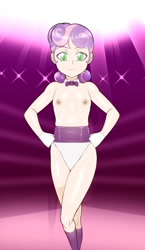 Size: 743x1280 | Tagged: questionable, artist:pugilismx, sweetie belle, banned from derpibooru, boxing, boxing ring, breasts, clothes, delicious flat chest, female, human, humanized, imported from twibooru, lolicon, partial nudity, solo, sports, topless, underage
