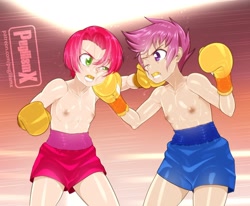 Size: 1280x1057 | Tagged: questionable, artist:pugilismx, babs seed, scootaloo, banned from derpibooru, boxing, boxing gloves, boxing shorts, breasts, clothes, delicious flat chest, female, human, humanized, imported from twibooru, lolicon, partial nudity, sports, topless, underage