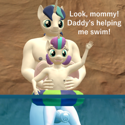 Size: 1074x1080 | Tagged: explicit, artist:papadragon69, princess flurry heart, shining armor, 3d, age difference, anthro, balls, banned from derpibooru, complete nudity, erection, female, floatation device, flurryarmor, hands on hip, horsecock, imported from twibooru, incest, infidelity, lolicon, male, nipples, nudity, penis, riding, shipping, skinny dipping, source filmmaker, splitting spear, straight, underage, water