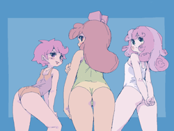 Size: 986x742 | Tagged: questionable, artist:yev-san, apple bloom, scootaloo, sweetie belle, ass, banned from derpibooru, butt, cameltoe, clothes, cutie mark crusaders, female, human, humanized, imported from twibooru, lolicon, simple background, swimsuit, underage