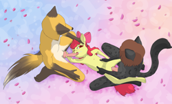Size: 4385x2672 | Tagged: explicit, artist:tomlad, apple bloom, oc, age difference, anthro, banned from derpibooru, breasts, canon x oc, creampie, cum, delicious flat chest, earth pony, female, fox, furry, group sex, imported from twibooru, licking, lolicon, penetration, plantigrade anthro, sex, size difference, threesome, tongue out, underage, vaginal
