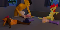 Size: 1920x980 | Tagged: explicit, artist:littlesocks3, apple bloom, scootaloo, sweetie belle, oc, series:littlesocks, 3d, aftersex, age difference, anthro, banned from derpibooru, bottomless, clothes, creampie, cum, cutie mark, cutie mark crusaders, dildo, earth pony, female, imported from twibooru, leggings, lolicon, partial nudity, pegasus, sex toy, underage, unicorn