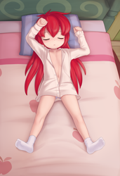 Size: 4221x6168 | Tagged: suggestive, artist:pestil, apple bloom, banned from derpibooru, bed, blushing, clothes, female, human, humanized, imported from twibooru, lolicon, open clothes, open shirt, shirt, sleeping, socks, solo, solo female, underage