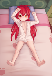Size: 4221x6168 | Tagged: explicit, artist:pestil, apple bloom, banned from derpibooru, bed, blushing, clothes, female, half-dressed, human, humanized, imported from twibooru, lolicon, open clothes, open shirt, shirt, solo, solo female, underage