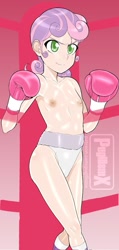 Size: 611x1280 | Tagged: questionable, artist:pugilismx, sweetie belle, banned from derpibooru, boxing, boxing gloves, breasts, clothes, delicious flat chest, female, human, humanized, imported from twibooru, lolicon, partial nudity, solo, sports, topless, underage