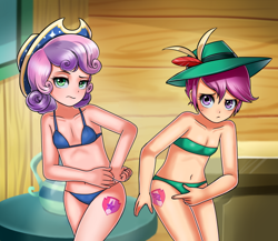 Size: 850x739 | Tagged: suggestive, artist:racoonsan, apple bloom, scootaloo, sweetie belle, ass, banned from derpibooru, blue underwear, blushing, bra, breasts, butt, child, clothes, cow belle, cowboy hat, cutie mark, cutie mark crusaders, cutie mark on human, delicious flat chest, duo, duo female, female, females only, green underwear, hat, human, human female, humanized, imported from twibooru, lolicon, on your marks, panties, paywalled source, scene interpretation, stetson, sweat, sweatdrop, the cmc's cutie marks, underage, underwear, we already got our mark, wings, yodeloo