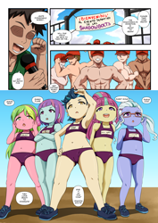 Size: 2894x4093 | Tagged: explicit, artist:the-dark-mangaka, banned from derpibooru, clothes, comic, equestria girls, faceless male, female, human, human on equestria girl action, imminent sex, imported from twibooru, indigo zap, lemon zest, lolicon, male, offscreen character, paywalled source, sex competitions, shadow five, shadowbolts, shorts, show, sour sweet, spanish text, sports outfit, sugarcoat, sunny flare, two piece swimsuit, underage