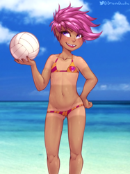 Size: 2364x3165 | Tagged: suggestive, artist:drizziedoodles, scootaloo, alternate character, alternate version, banned from derpibooru, beach, bedroom eyes, belly button, bikini, breasts, child, clothes, cutie mark, cutie mark on clothes, delicious flat chest, ear piercing, edit, female, freckles, hand on hip, human, humanized, imported from twibooru, lolicon, looking at you, nail polish, piercing, scootaflat, sexy, short hair, small breasts, smiling, smirk, solo, solo female, sports, sweat, swimsuit, tan lines, tooth gap, underage, volleyball, water
