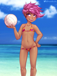 Size: 2364x3165 | Tagged: suggestive, artist:drizziedoodles, scootaloo, alternate character, alternate version, banned from derpibooru, beach, bedroom eyes, belly button, bikini, breasts, child, clothes, cutie mark, cutie mark on clothes, delicious flat chest, ear piercing, edit, female, freckles, hand on hip, human, humanized, imported from twibooru, lolicon, looking at you, nail polish, piercing, scootaflat, sexy, short hair, small breasts, smiling, smirk, solo, solo female, sports, sweat, swimsuit, tooth gap, underage, volleyball, water
