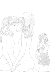 Size: 2480x3508 | Tagged: explicit, artist:tdf, apple bloom, rarity, sweetie belle, banned from derpibooru, belly button, black and white, breasts, caught, child, complete nudity, delicious flat chest, female, grayscale, holding hands, human, humanized, imported from twibooru, kissing, lesbian, lolicon, monochrome, nipples, nudity, shipping, shocked, sweetiebloom, underage, young