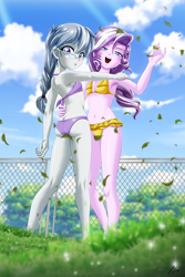Size: 1900x2849 | Tagged: suggestive, artist:mauroz, diamond tiara, silver spoon, alternate version, banned from derpibooru, bikini, bikini aside, bikini bottom, bikini top, censored, clothes, equestria girls, female, imported from twibooru, lolicon, looking at you, swimsuit, underage