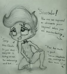 Size: 2757x3047 | Tagged: explicit, artist:mlplove, scootaloo, banned from derpibooru, breasts, collar, complete nudity, delicious flat chest, dialogue, english, engrish, exhibitionism, female, human, humanized, implied cheerilee, imported from twibooru, lolicon, masturbation, monochrome, nipples, nudity, offscreen character, panties in mouth, sketch, solo, solo female, source needed, underage, vaginal secretions