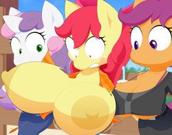 Size: 3300x2600 | Tagged: questionable, artist:slickehedge, apple bloom, scootaloo, sweetie belle, anthro, banned from derpibooru, bendy straw, blush sticker, blushing, bow, breast expansion, breasts, busty apple bloom, busty scootaloo, busty sweetie belle, clothes, cup, cutie mark crusaders, drink, drinking straw, earth pony, female, growth, hair bow, imported from twibooru, lolicon, nipples, nudity, oppai loli, pegasus, straw, trio, underage, unicorn, wardrobe malfunction