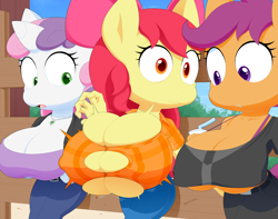 Size: 3300x2600 | Tagged: suggestive, artist:slickehedge, apple bloom, scootaloo, sweetie belle, anthro, banned from derpibooru, bendy straw, breast expansion, breasts, busty apple bloom, busty scootaloo, busty sweetie belle, clothes, confused, cup, cutie mark crusaders, drink, drinking straw, earth pony, female, growth, imported from twibooru, jewelry, lolicon, necklace, oppai loli, pegasus, shocked, straw, tight clothing, underage, unicorn, wavy mouth
