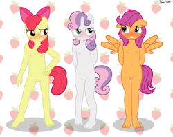 Size: 3520x2786 | Tagged: explicit, artist:tolpain, apple bloom, scootaloo, sweetie belle, anthro, banned from derpibooru, blushing, breasts, cutie mark crusaders, delicious flat chest, earth pony, female, imported from twibooru, lolicon, nudity, pegasus, underage, unicorn, vulva