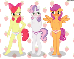 Size: 3520x2786 | Tagged: questionable, artist:tolpain, apple bloom, scootaloo, sweetie belle, anthro, banned from derpibooru, blushing, breasts, clothes, cutie mark crusaders, delicious flat chest, earth pony, female, imported from twibooru, lolicon, panties, pegasus, underage, underwear, unicorn