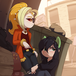 Size: 1280x1280 | Tagged: questionable, artist:pestil, artist:shinodage, oc, oc:anonfilly, oc:dyx, alley, alternate version, banned from derpibooru, belt, choker, cigarette, clothes, crotch bulge, eared humanization, explicit source, female, futa, hair tie, hoodie, human, humanized, humanized oc, humanized ponified human, imported from twibooru, intersex, jacket, jeans, lolicon, oc only, pants, ripped jeans, ripped pants, shirt, smoking, sunglasses, trash, underage