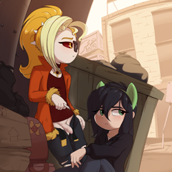 Size: 1280x1280 | Tagged: explicit, artist:pestil, artist:shinodage, oc, oc:anonfilly, oc:dyx, alley, alternate version, balls, banned from derpibooru, belt, choker, cigarette, clothes, eared humanization, exhibitionism, female, foreskin, futa, hair tie, hoodie, human, human penis, humanized, humanized oc, humanized ponified human, imported from twibooru, intersex, jacket, jeans, lolicon, nudity, oc only, pants, penis, public nudity, ripped jeans, ripped pants, shirt, smoking, sunglasses, trash, underage, unzipped, unzipped pants