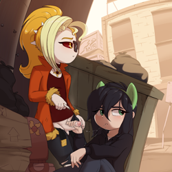 Size: 1280x1280 | Tagged: explicit, artist:pestil, artist:shinodage, oc, oc:anonfilly, oc:dyx, alley, alternate version, balls, banned from derpibooru, belt, blowjob, choker, cigarette, clothes, drool, drool string, eared humanization, exhibitionism, female, futa, hair tie, handjob, hoodie, human, humanized, humanized oc, humanized ponified human, imported from twibooru, intersex, jacket, jeans, lesbian, lolicon, nudity, oc only, oral, pants, penis, public nudity, ripped jeans, ripped pants, sex, shirt, smoking, sunglasses, trash, underage, unzipped, unzipped pants