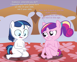 Size: 1892x1542 | Tagged: explicit, artist:papadragon69, shining armor, age regression, alicorn, anthro, babycon, banned from derpibooru, bed, dialogue, female, imported from twibooru, lolicon, male, plantigrade anthro, princess cadance, shotacon, spell gone wrong, toddlercon, underage, unicorn