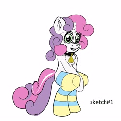 Size: 5000x5000 | Tagged: questionable, artist:cutiecarbon, sweetie belle, anthro, banned from derpibooru, bell, clothes, female, g4, imported from twibooru, lolicon, simple background, sitting, sketch, socks, solo, striped socks, underage, white background, young