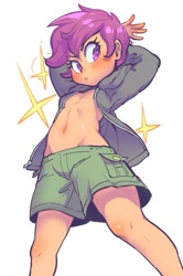 Size: 599x901 | Tagged: suggestive, artist:jirousan, scootaloo, banned from derpibooru, belly button, blushing, child, clothes, equestria girls, female, human, human female, humanized, imported from twibooru, jacket, lolicon, open clothes, open jacket, shorts, simple background, solo, solo female, sparkles, underage, white background