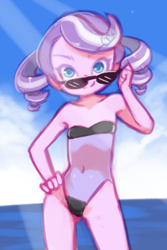 Size: 1020x1530 | Tagged: suggestive, artist:drantyno, diamond tiara, banned from derpibooru, beach, belly button, breasts, clothes, delicious flat chest, equestria girls, female, gris swimsuit, hand on hip, imported from twibooru, lolicon, one-piece swimsuit, pigtails, see-through, solo, sunglasses, swimsuit, twintails, underage