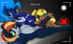 Size: 5000x3000 | Tagged: explicit, artist:miniferu, oc, oc:lefthighkick, oc:plasma rain, oc:storm cloud, age difference, alicorn, anthro, banned from derpibooru, blowjob, blushing, camera, camera shot, cuckold, earth pony, female, group sex, heterochromia, imported from twibooru, lolicon, male, nudity, oc only, oral, pegasus, penis, pregnant, sex, straight, threesome, trio, underage, unguligrade anthro, unicorn
