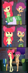Size: 1088x2785 | Tagged: explicit, artist:ohohokapi, apple bloom, scootaloo, banned from derpibooru, breasts, clothes, comic, delicious flat chest, discarded clothing, dollar, equestria girls, female, fully naked, fully nude, imported from twibooru, lolicon, nudity, offscreen character, prostitution, pulling down underwear, striping, stripping, taking off underwear, unbuttoned, underage, underwear, underwear on leg, undressing, unzipped jacket, vagina, white underwear