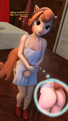 Size: 2160x3840 | Tagged: questionable, artist:cdv, oc, oc:queen pawn, 3d, anthro, apron, banned from derpibooru, butt, child, clothes, cute, female, imported from twibooru, lolicon, naked apron, nudity, oc only, plantigrade anthro, sexy, shoes, solo, solo female, source filmmaker, speech bubble, text, underage, young