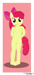 Size: 1004x2199 | Tagged: explicit, artist:tolpain, apple bloom, adorabloom, anthro, banned from derpibooru, breasts, cute, delicious flat chest, earth pony, female, imported from twibooru, lolicon, nudity, plantigrade anthro, simple background, solo, underage, vulva