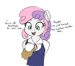 Size: 1019x902 | Tagged: questionable, artist:deserter, artist:seii3, sweetie belle, anthro, banned from derpibooru, breast fondling, breast grab, breasts, child, clothes, dialogue, disembodied hand, duo, edit, erect nipples, female, female focus, funny, grope, hand, imported from twibooru, lolicon, nipple outline, offscreen character, oppai loli, shirt, simple background, small breasts, solo focus, underage, unicorn, white background