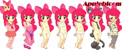 Size: 2500x1018 | Tagged: explicit, artist:unkimo, apple bloom, banned from derpibooru, bondage, breasts, clothes, collar, delicious flat chest, dress, female, human, humanized, imported from twibooru, lolicon, multeity, nudity, panties, school uniform, shibari, simple background, small breasts, socks, solo, striped socks, underage, underwear, vulva, white background