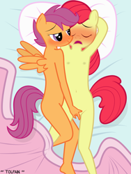 Size: 2400x3200 | Tagged: explicit, artist:tolpain, apple bloom, scootaloo, anthro, banned from derpibooru, blushing, earth pony, female, imported from twibooru, lesbian, lolicon, masturbation, nudity, pegasus, scootabloom, shipping, underage