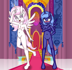 Size: 4160x4090 | Tagged: explicit, artist:blossomblaze, princess celestia, princess luna, alicorn, anthro, banned from derpibooru, blushing, breasts, cewestia, complete nudity, covering, delicious flat chest, embarrassed, embarrassed nude exposure, female, females only, full body, imported from twibooru, lolicon, nipples, no shame, nudity, royal sisters, siblings, sisters, underage, unguligrade anthro, vulva, woona, younger