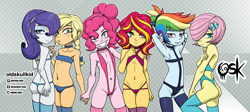 Size: 2201x984 | Tagged: suggestive, artist:oldskullkid, applejack, fluttershy, pinkie pie, rainbow dash, rarity, banned from derpibooru, bikini, butt, cameltoe, child, clothes, equestria girls, female, females only, flutterbutt, imported from twibooru, leotard, lolicon, panties, rearity, sling bikini, sunset shimmer, swimsuit, thong, thong leotard, underage, underwear, young, younger