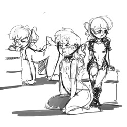 Size: 900x900 | Tagged: explicit, artist:kevinsano, apple bloom, scootaloo, sweetie belle, aftersex, banned from derpibooru, choker, creampie, cum, cutie mark crusaders, facial, female, hotdogging, human, humanized, imported from twibooru, lolicon, monochrome, nudity, partial nudity, penis, sketch, skimpy outfit, underage