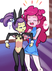 Size: 1152x1584 | Tagged: suggestive, artist:drantyno, pinkie pie, banned from derpibooru, bunny ears, bunny suit, child, clothes, equestria girls, female, imported from twibooru, lily pad (equestria girls), lilypie, lolicon, pasties, playboy bunny lily pad, reverse bunny suit, underage, young