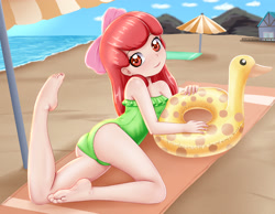 Size: 3189x2480 | Tagged: safe, artist:focusb, apple bloom, banned from derpibooru, beach, beach towel, clothes, female, floaty, human, human coloration, humanized, imported from twibooru, lolicon, looking at you, one-piece swimsuit, parasol (umbrella), smiling, solo, swimsuit, towel, underage