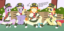 Size: 5660x2748 | Tagged: explicit, artist:deserter, artist:tolpain, anthro, banned from derpibooru, clothes, commando, cookie, dinky hooves, earth pony, female, females only, filly scouts, food, imported from twibooru, lolicon, noi, nudity, piña colada, plantigrade anthro, scouts, skirt, tag-a-long, underage, underwear, unicorn, upskirt, vulva, wagon, white underwear