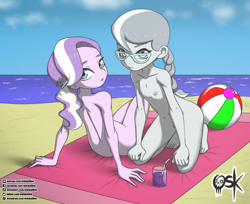 Size: 2000x1631 | Tagged: questionable, artist:oldskullkid, diamond tiara, silver spoon, banned from derpibooru, barefoot, beach, beach ball, beach towel, beverage, breasts, casual nudity, child, delicious flat chest, drink, drinking straw, duo, duo female, equestria girls, feet, female, glasses, hairpin, imported from twibooru, lolicon, looking at you, nipples, nude beach, nudist diamond tiara, nudist silver spoon, nudity, straw, towel, underage