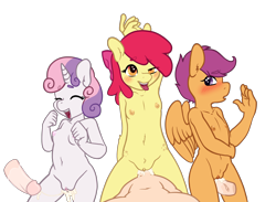 Size: 2500x1831 | Tagged: explicit, artist:/d/non, artist:deserter, apple bloom, scootaloo, sweetie belle, anthro, banned from derpibooru, belly button, blushing, breasts, cum, cutie mark crusaders, delicious flat chest, earth pony, edit, female, freckles, hip freckles, human, human on anthro action, imported from twibooru, interspecies, lolicon, nipples, nudity, pegasus, penetration, sex, shoulder freckles, show accurate, show accurate porn, simple background, small breasts, tongue out, transparent background, underage, unicorn, vaginal