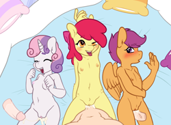 Size: 2500x1831 | Tagged: explicit, artist:/d/non, artist:deserter, apple bloom, scootaloo, sweetie belle, anthro, banned from derpibooru, bed, belly button, blanket, blushing, breasts, complete nudity, cum, cute, cute porn, cutie mark crusaders, delicious flat chest, earth pony, edit, female, freckles, happy, hip freckles, human, human on anthro action, imported from twibooru, interspecies, lolicon, lying down, nudity, offscreen character, pegasus, penetration, penis, pillow, pov, sex, shoulder freckles, show accurate, show accurate porn, small breasts, tongue out, underage, unicorn, vagina, vaginal