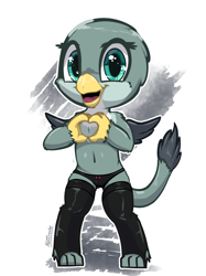 Size: 1247x1663 | Tagged: suggestive, artist:nottrevbe, banned from derpibooru, beak, bipedal, black underwear, clothes, female, gabby, griffon, heart hands, imported from twibooru, lolicon, looking at you, open beak, open mouth, open smile, panties, semi-anthro, simple background, smiling, smiling at you, socks, solo, thigh highs, underage, underwear, white background
