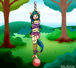 Size: 2783x2508 | Tagged: explicit, semi-grimdark, artist:anibaruthecat, oc, oc:ravebounce, anthro, anthro oc, ballgag, banned from derpibooru, barefoot, belly button, blushing, bondage, clothes, earth pony, feet, female, gag, imported from twibooru, improvised bondage, jump rope, kicking, legs in air, legs tied, lolicon, nudity, oc only, outdoors, park, plantigrade anthro, rope, rope bondage, scared, solo, suspended, tetherball, underage, vagina, younger