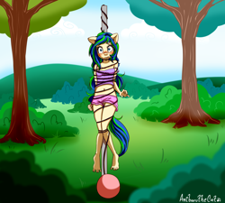Size: 2783x2508 | Tagged: explicit, semi-grimdark, artist:anibaruthecat, oc, oc:ravebounce, anthro, anthro oc, banned from derpibooru, barefoot, belly button, blushing, bondage, clothes, earth pony, feet, female, imported from twibooru, kicking, legs in air, legs tied, lolicon, nudity, oc only, outdoors, park, plantigrade anthro, rope, rope bondage, scared, solo, suspended, tetherball, underage, vagina, younger