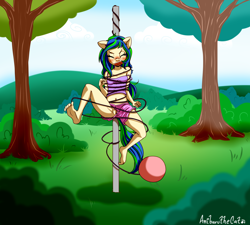 Size: 2783x2508 | Tagged: explicit, artist:anibaruthecat, oc, oc:ravebounce, accidental bondage, anthro, anthro oc, banned from derpibooru, barefoot, belly button, blushing, bondage, clothes, earth pony, feet, female, imported from twibooru, kicking, legs in air, lolicon, nudity, oc only, outdoors, park, plantigrade anthro, rope, rope bondage, screaming, solo, suspended, tetherball, underage, vagina, vulva, younger