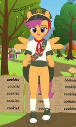 Size: 2159x3588 | Tagged: explicit, artist:deserter, artist:tolpain, scootaloo, anthro, banned from derpibooru, bedroom eyes, clothes, commando, dialogue, female, filly scouts, front view, imported from twibooru, lolicon, nudity, orange fur, outdoors, pegasus, plantigrade anthro, purple eyes, purple mane, purple tail, scout, scout uniform, shoes, short mane, skirt, skirt lift, sneakers, socks, solo, solo female, tolpain, tomboy, underage, upskirt, vulva