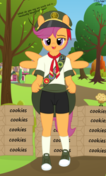Size: 2159x3588 | Tagged: suggestive, artist:deserter, artist:tolpain, scootaloo, anthro, banned from derpibooru, bedroom eyes, black bottomwear, cameltoe, clothes, compression shorts, dialogue, edit, female, filly scouts, front view, imported from twibooru, lolicon, orange fur, outdoors, pegasus, plantigrade anthro, purple eyes, purple mane, purple tail, scout, scout uniform, shoes, short mane, shorts, skirt, skirt lift, sneakers, socks, solo, solo female, spats, tomboy, underage, upskirt